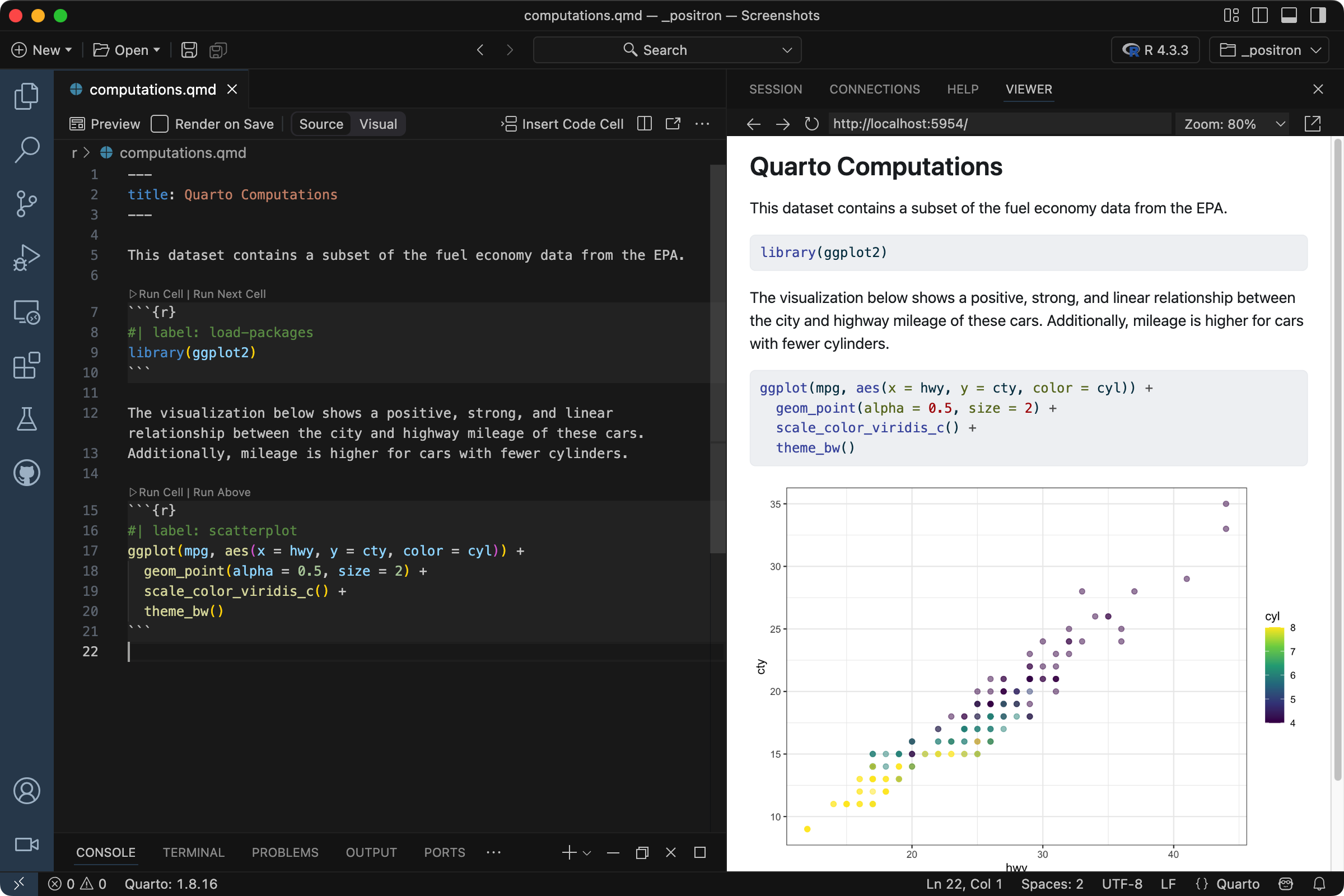 Positron with `computations.qmd` open in the Editor. The document is being previewed in the Viewer.